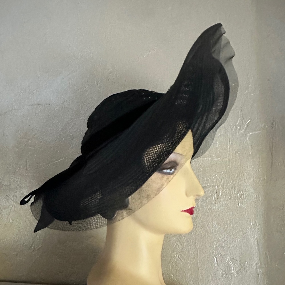 Stunning 1940's Black Crin See-Through Wide Brim Hat View 2